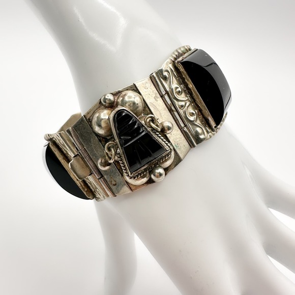 Taxco Mexican Sterling Silver Aztec Panel Bracelet w Hand Carved Onyx Signed JPR - Picture 4 of 13